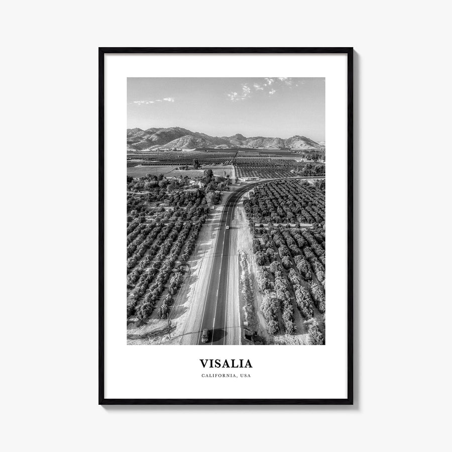 Visalia black & white classic poster of California, USA – vertical wall art, unframed print shown in interior mockup
