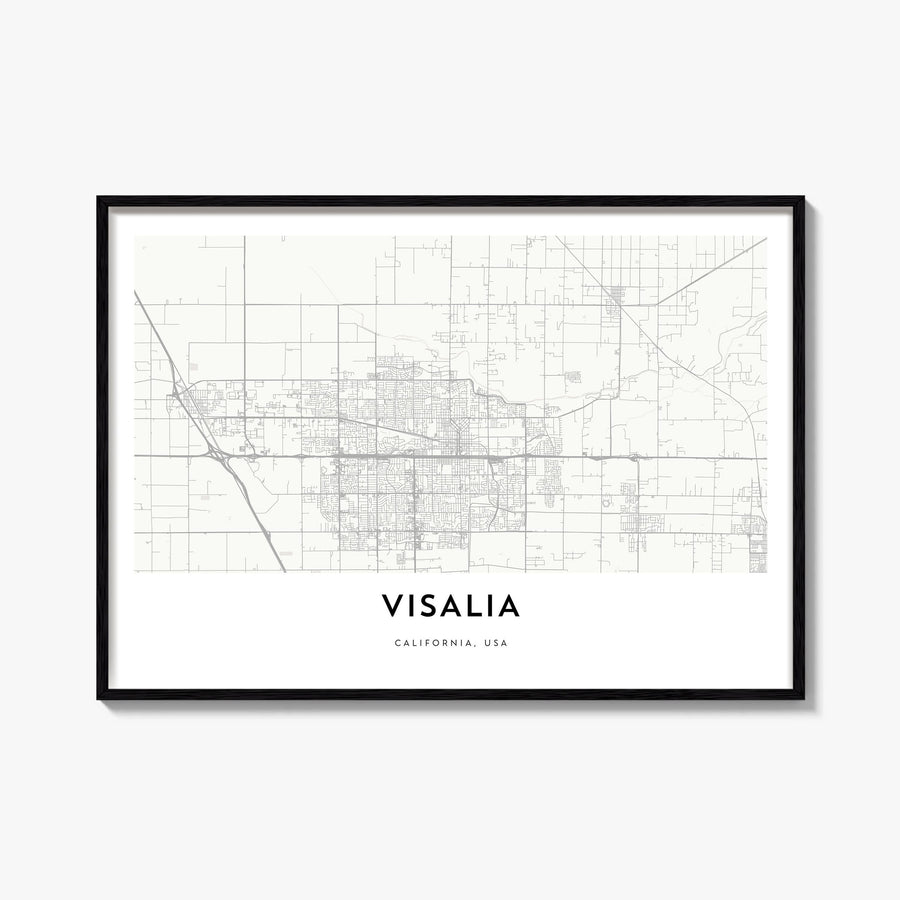 Visalia black & white map poster of California, USA – horizontal wall art, unframed print shown in interior mockup