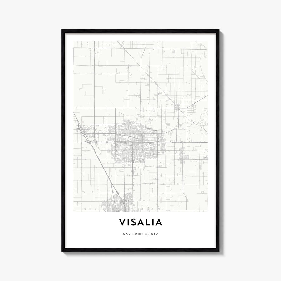 Visalia black & white map poster of California, USA – vertical wall art, unframed print shown in interior mockup