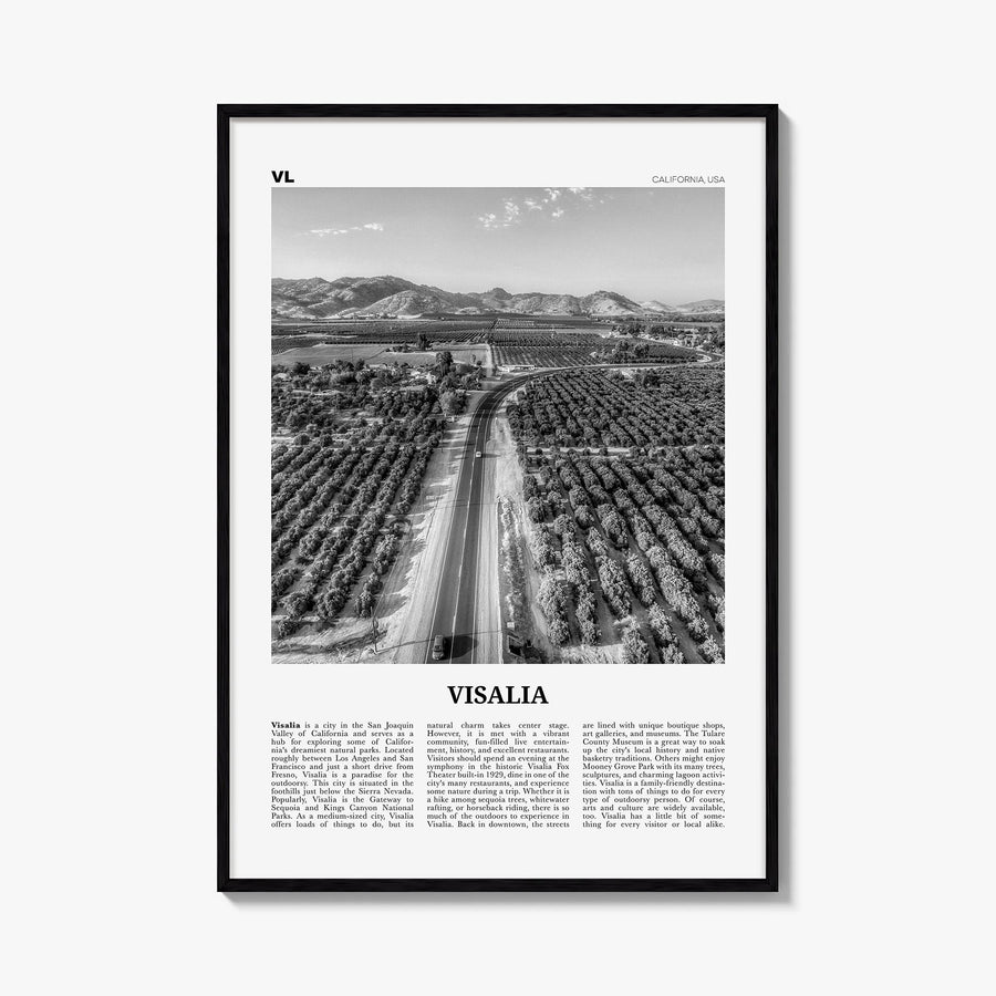Visalia black & white newspaper poster of California, USA – vertical wall art, unframed print shown in interior mockup
