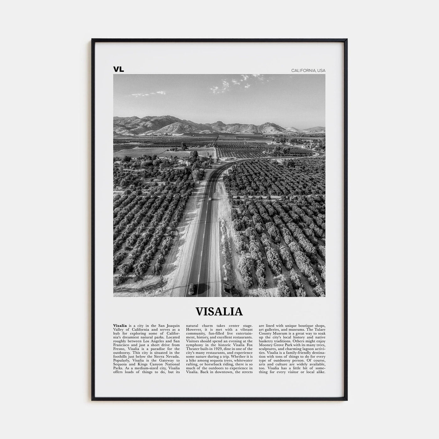 Visalia Poster Black Metal / 8x12 in Nbourhood Travel B&W Poster