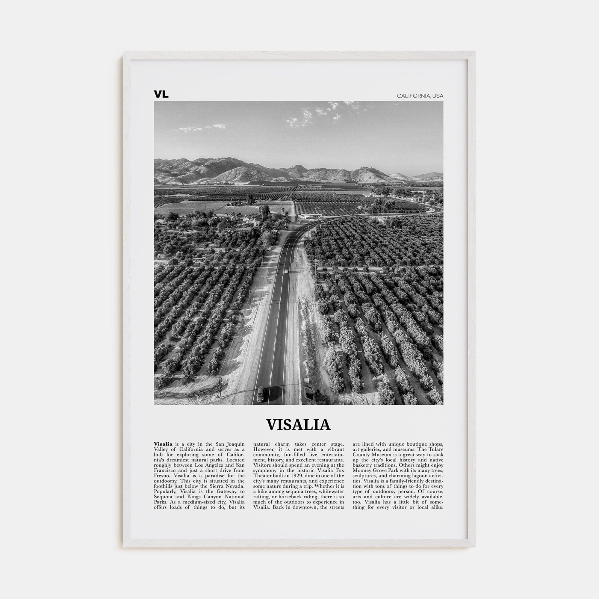 Visalia Poster White Wood / 8x12 in Nbourhood Travel B&W Poster