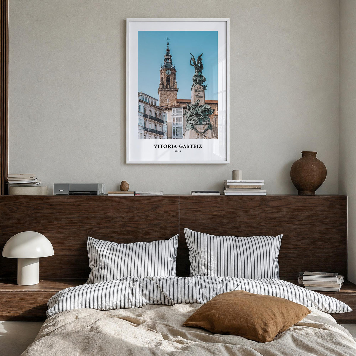 Vitoria-Gasteiz colorful classic poster of Spain – vertical wall art in white wood frame, hanging on wall