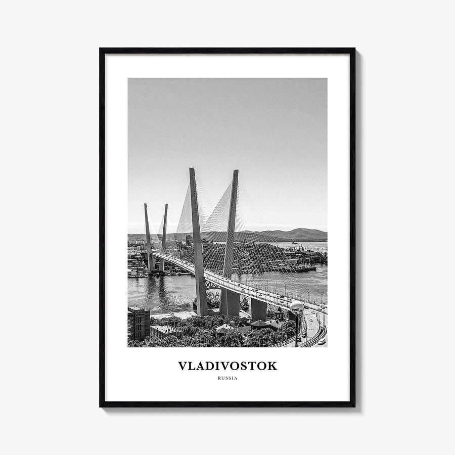 Vladivostok black & white classic poster of Russia – vertical wall art, unframed print shown in interior mockup