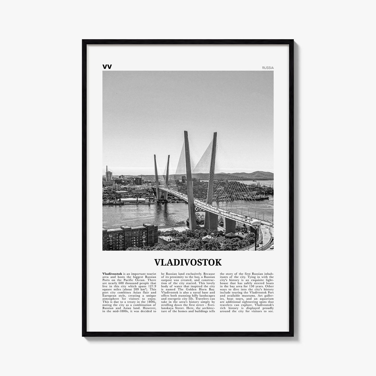 Vladivostok black & white newspaper poster of Russia – vertical wall art, unframed print shown in interior mockup