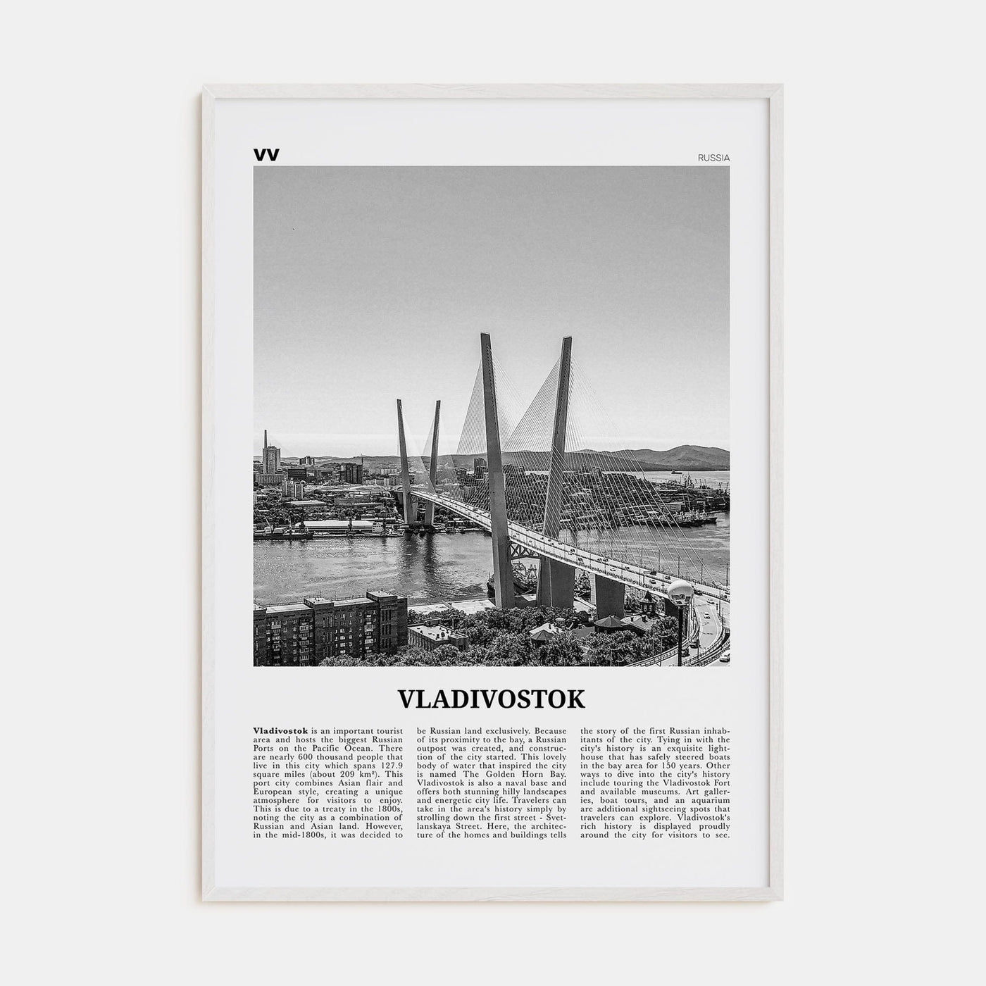 Vladivostok Poster White Wood / 8x12 in Nbourhood Travel B&W Poster