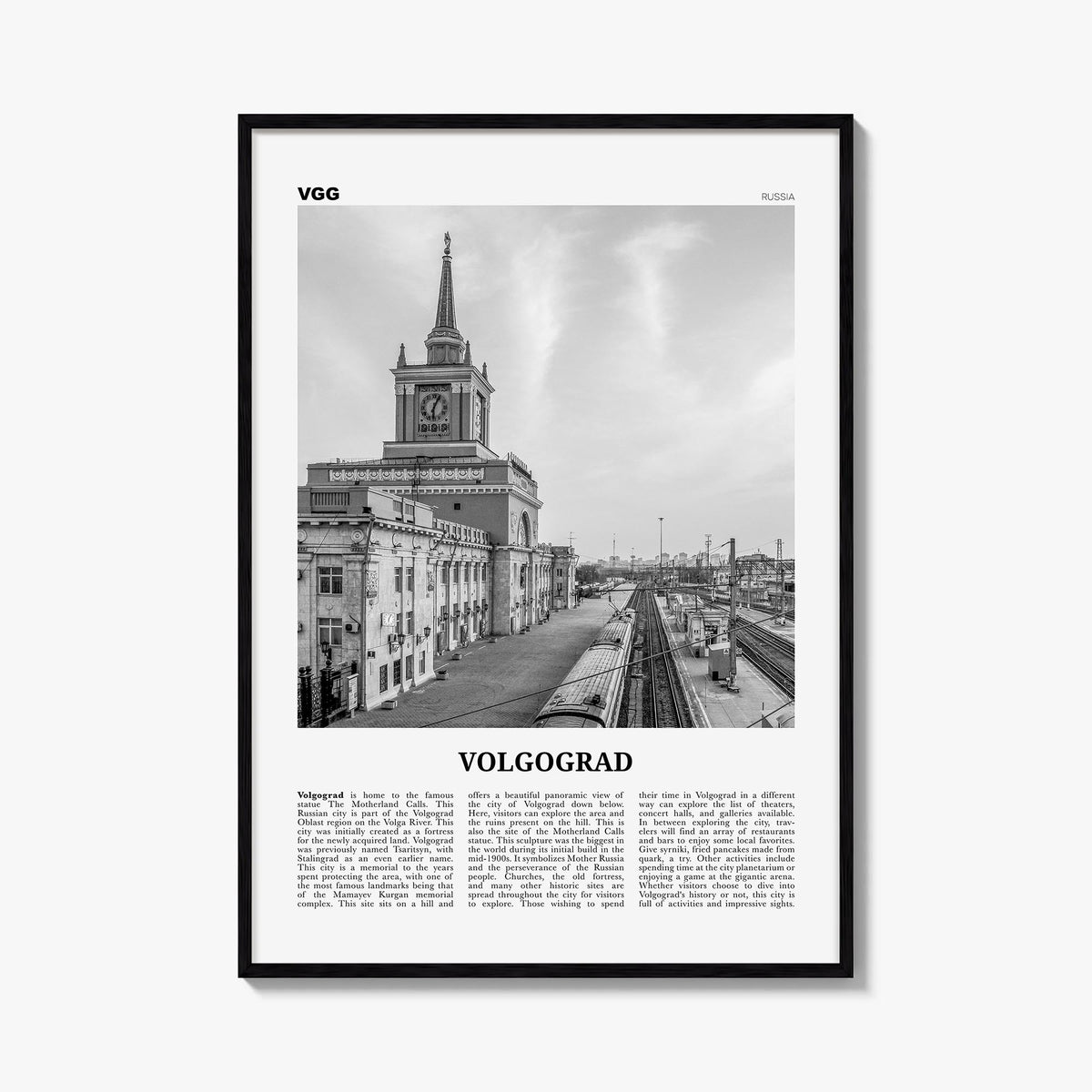 Volgograd black & white newspaper poster of Russia – vertical wall art, unframed print shown in interior mockup