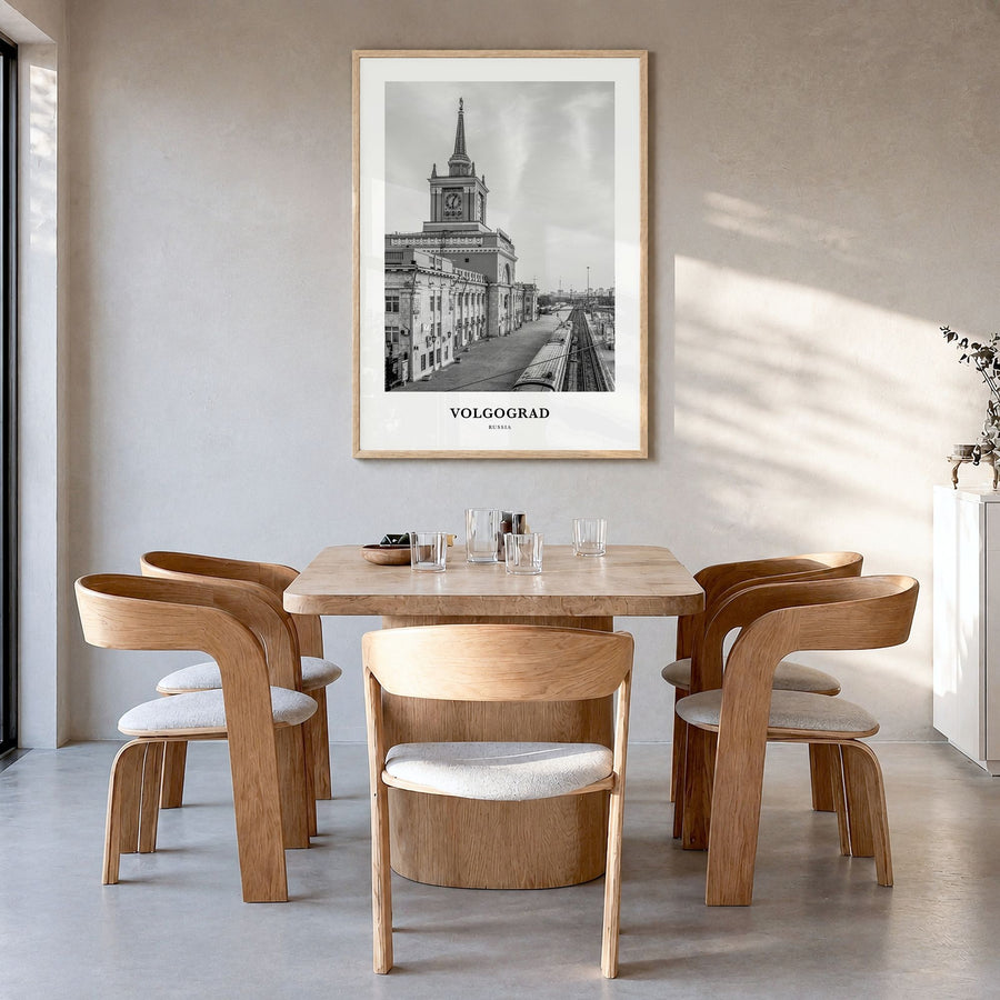 Volgograd Classic Poster in a natural wood frame, hanging in a dining room