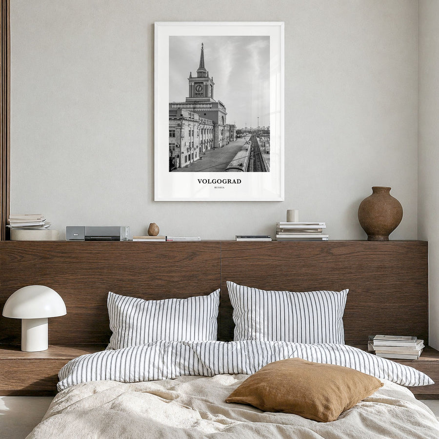 Volgograd Classic Poster in a white wood frame, hanging in a bedroom