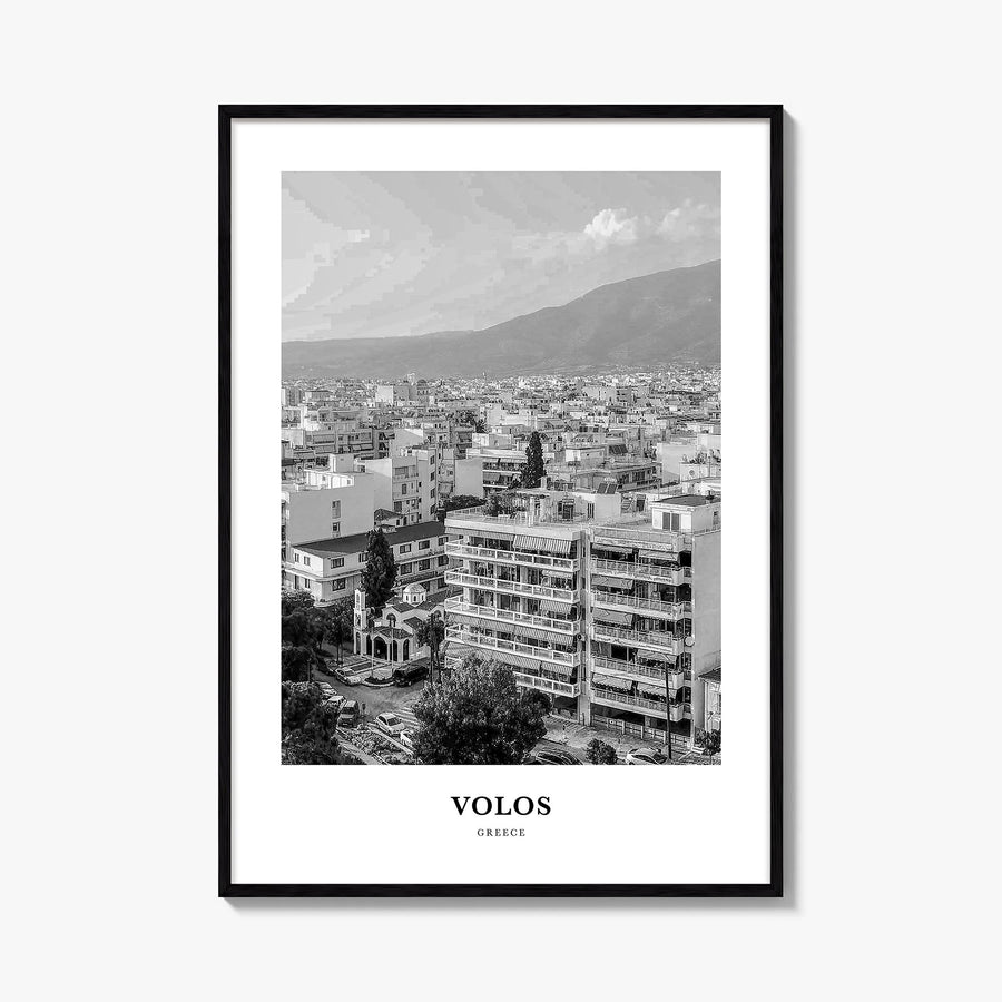 Volos black & white classic poster of Greece – vertical wall art, unframed print shown in interior mockup
