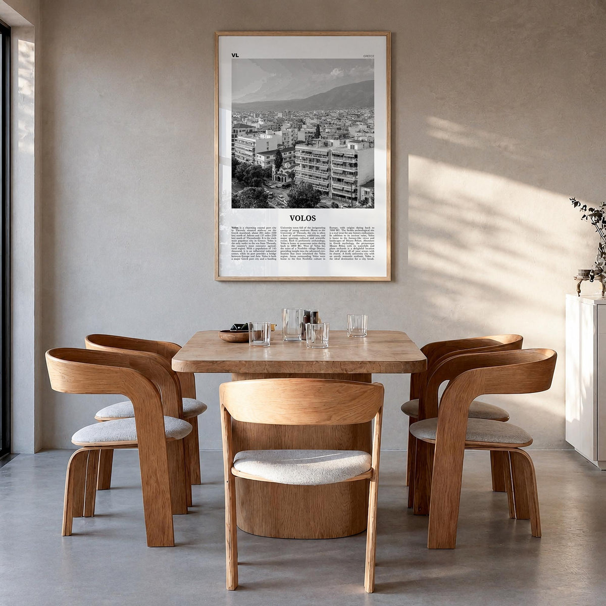 Volos black & white newspaper poster of Greece – vertical wall art in natural wood frame, hanging on wall