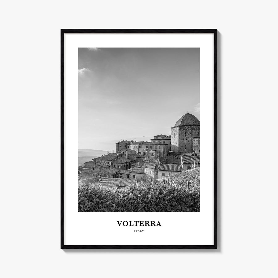 Volterra black & white classic poster of Italy – vertical wall art, unframed print shown in interior mockup