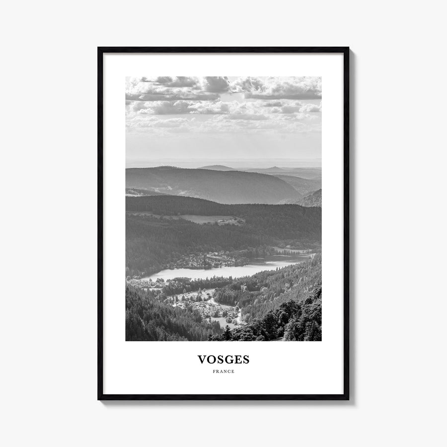 Vosges black & white classic poster of France – vertical wall art, unframed print shown in interior mockup