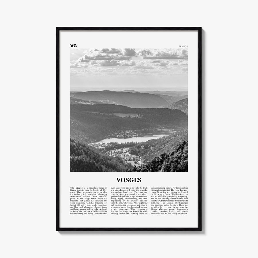 Vosges black & white newspaper poster of France – vertical wall art, unframed print shown in interior mockup