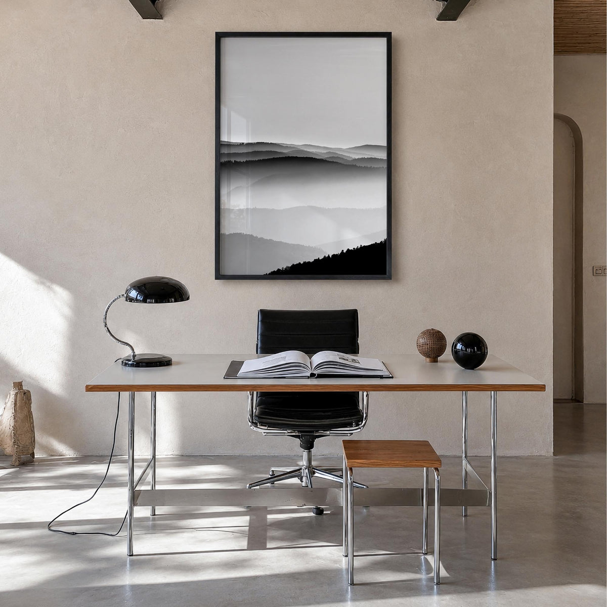 Vosges Mountains black & white photo poster of France – vertical wall art in black wood frame, hanging on wall