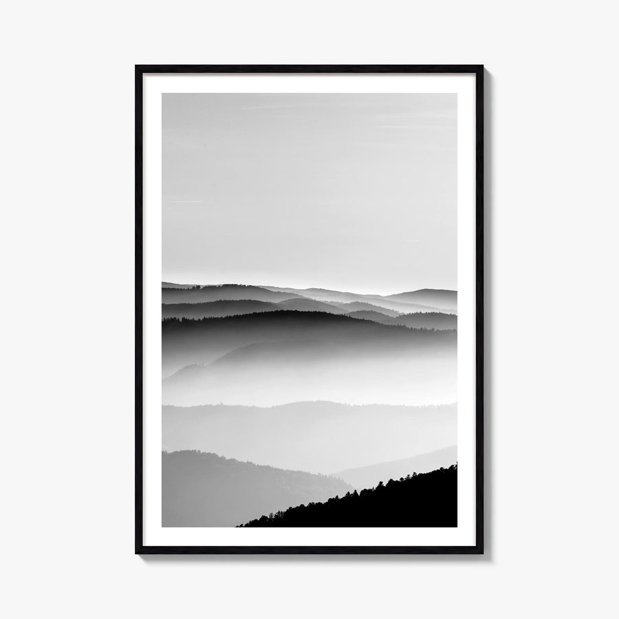 Vosges Mountains black & white photo poster of France – vertical wall art, unframed print shown in interior mockup
