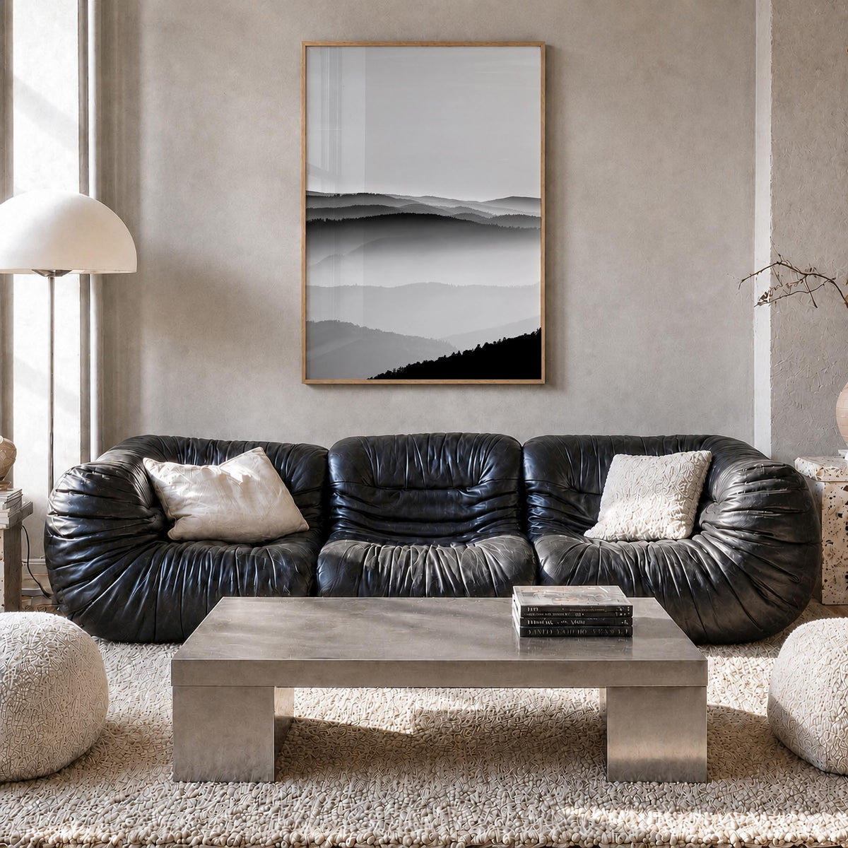 Vosges Mountains black & white photo poster of France – vertical wall art in natural wood frame, hanging on wall