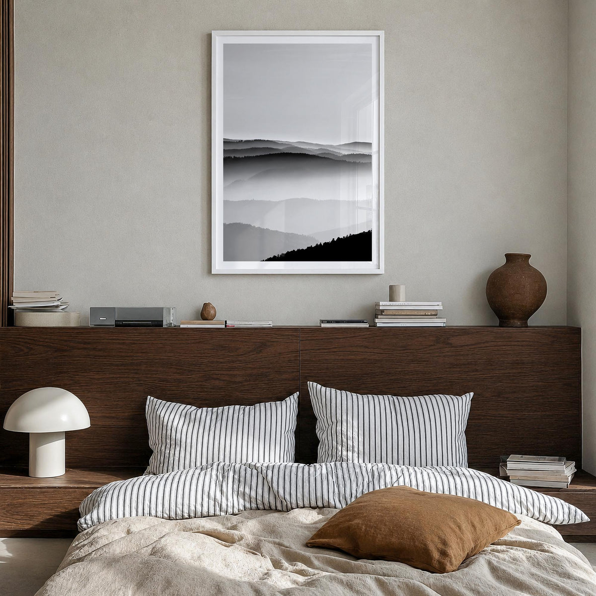 Vosges Mountains black & white photo poster of France – vertical wall art in white wood frame with white border, hanging on w