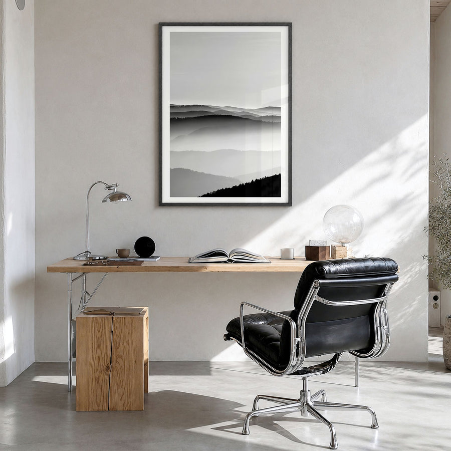 Vosges Mountains Photo Poster in a black wood frame, hanging in a bright home office, white border
