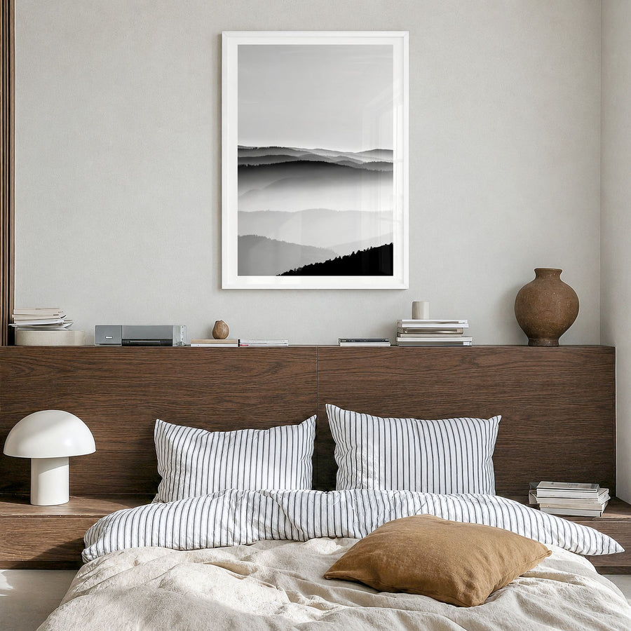 Vosges Mountains Photo Poster in a white wood frame, hanging in a bedroom, white border