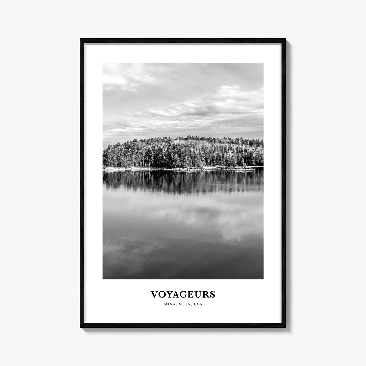 Voyageurs National Park black & white classic poster of Minnesota, USA – vertical wall art, unframed print shown in interior 