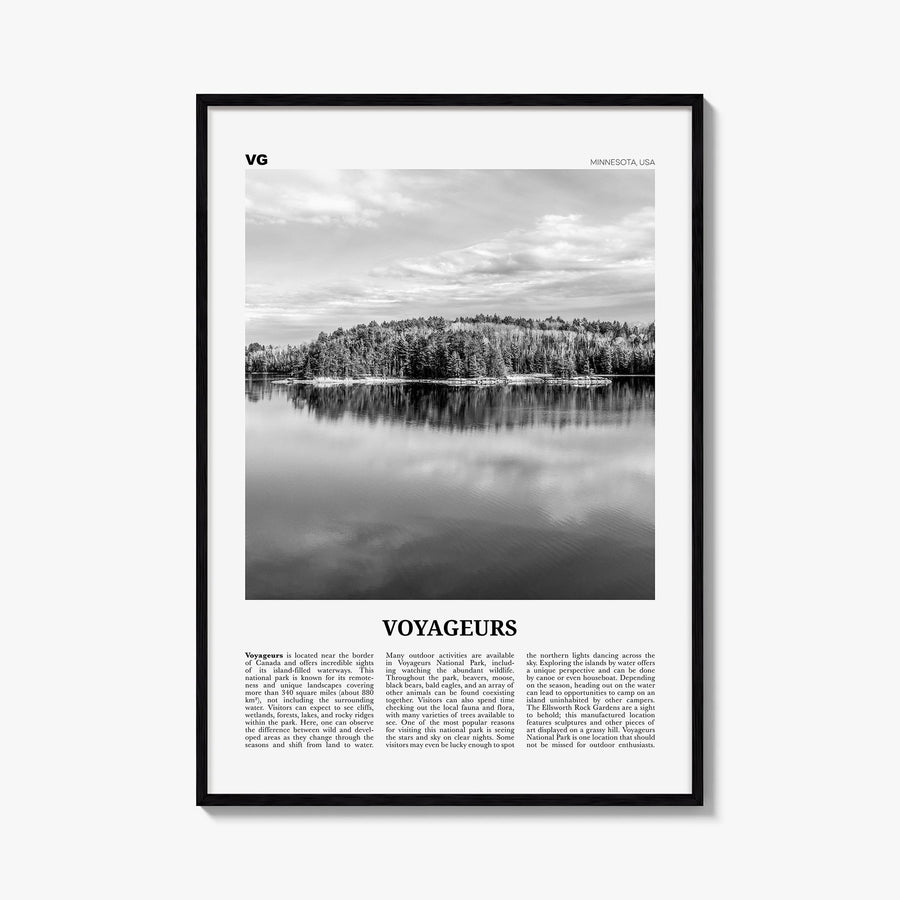 Voyageurs National Park black & white newspaper poster of Minnesota, USA – vertical wall art, unframed print shown in interio