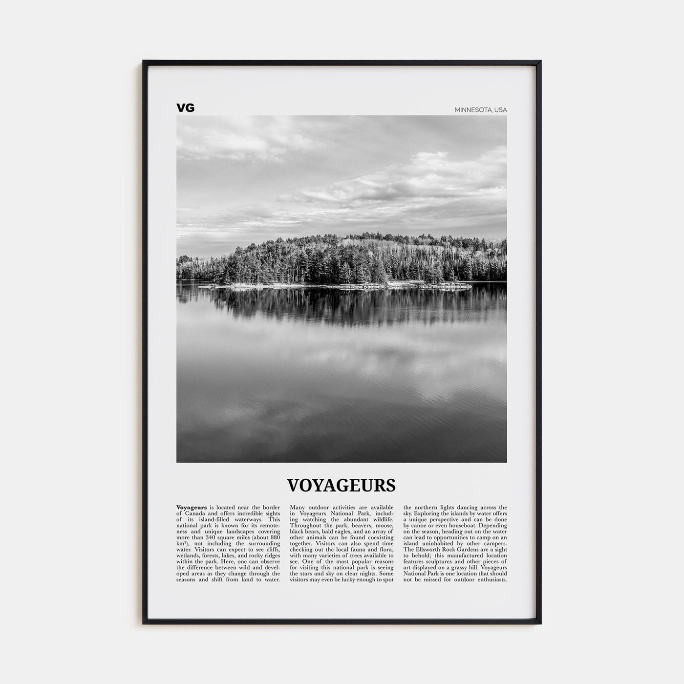 Voyageurs National Park Poster Black Metal / 8x12 in Nbourhood Travel B&W Poster