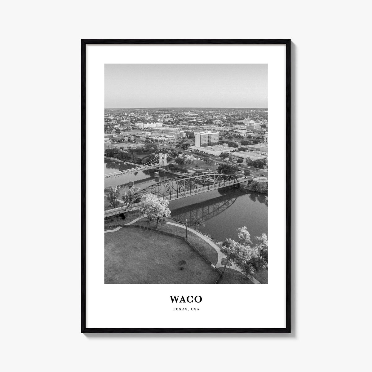 Waco black & white classic poster of Texas, USA – vertical wall art, unframed print shown in interior mockup