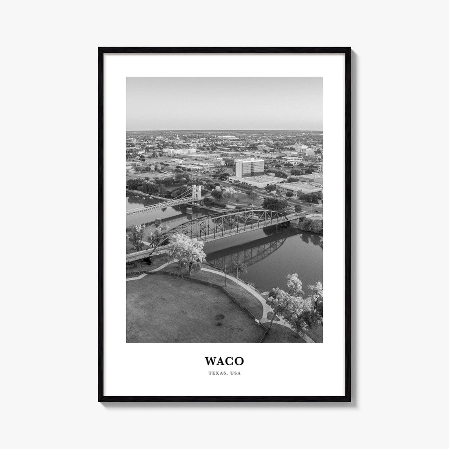 Waco black & white classic poster of Texas, USA – vertical wall art, unframed print shown in interior mockup