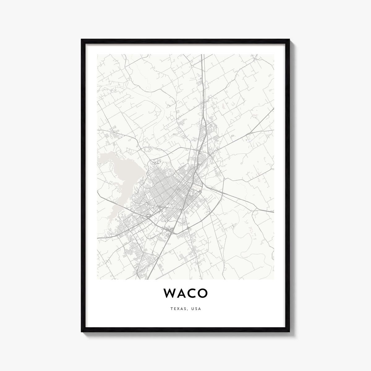 Waco black & white map poster of Texas, USA – vertical wall art, unframed print shown in interior mockup