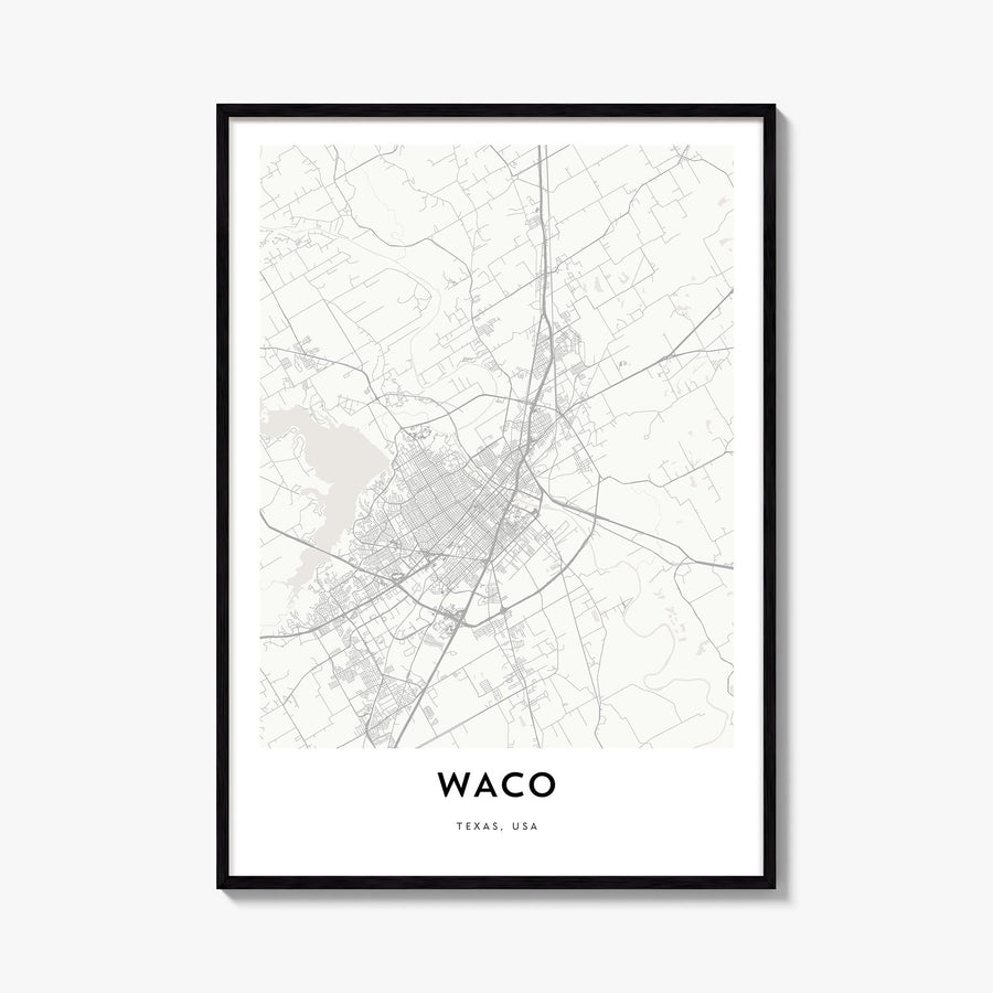 Waco black & white map poster of Texas, USA – vertical wall art, unframed print shown in interior mockup