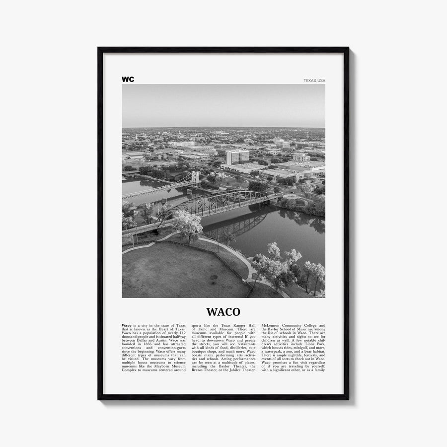 Waco black & white newspaper poster of Texas, USA – vertical wall art, unframed print shown in interior mockup