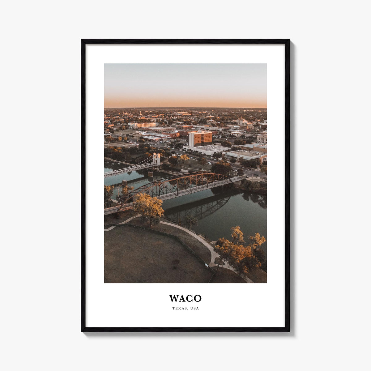 Waco colorful classic poster of Texas, USA – vertical wall art, unframed print shown in interior mockup