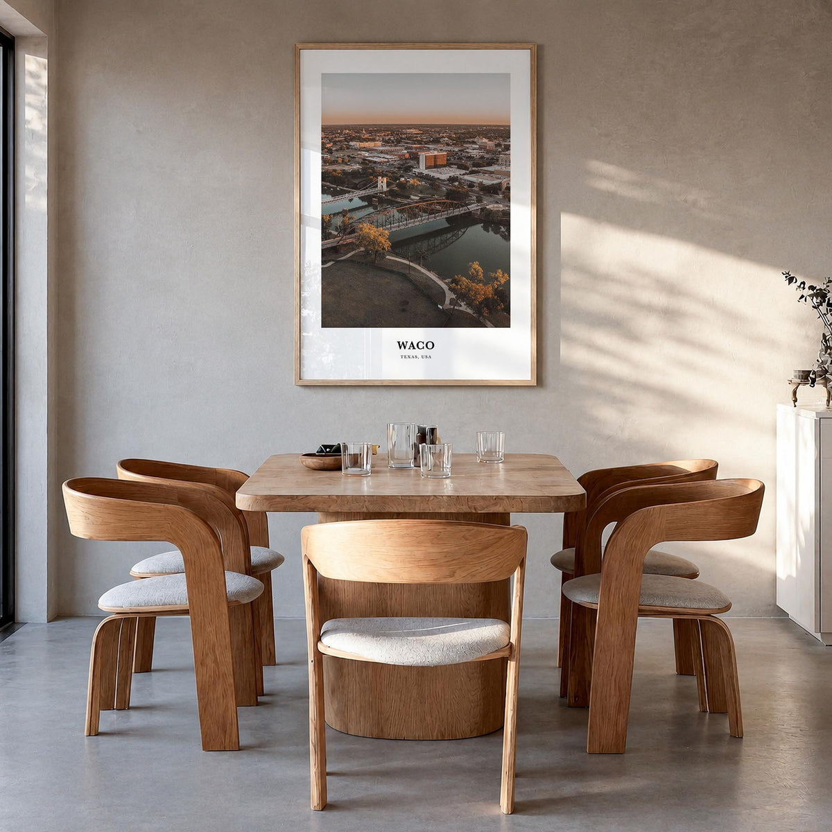 Waco colorful classic poster of Texas, USA – vertical wall art in natural wood frame, hanging on wall