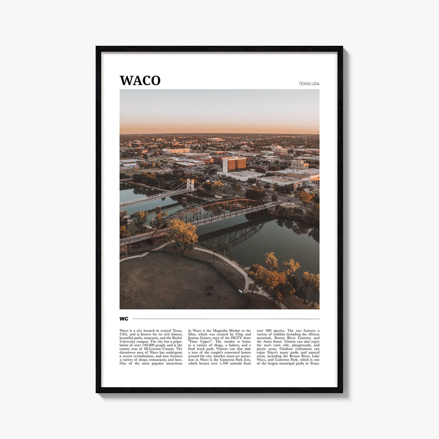 Waco colorful travel poster of Texas, USA – vertical wall art, unframed print shown in interior mockup