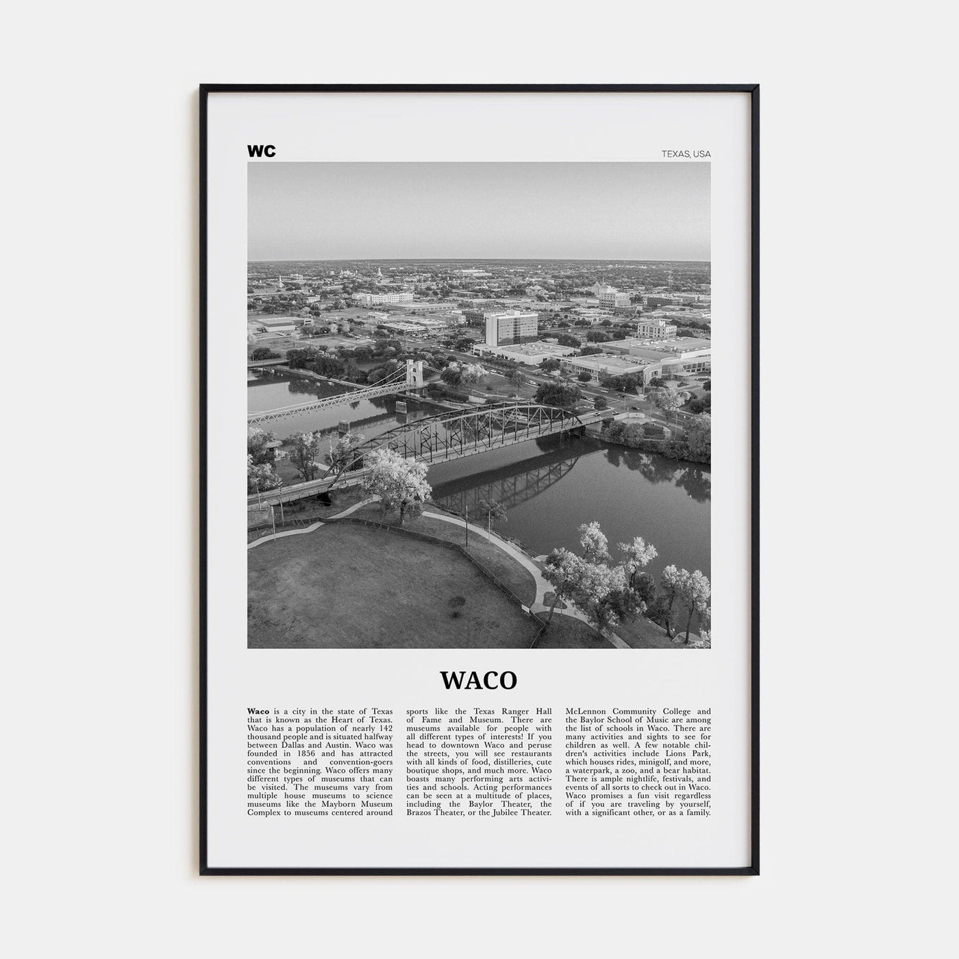 Waco Poster Black Metal / 8x12 in Nbourhood Travel B&W Poster