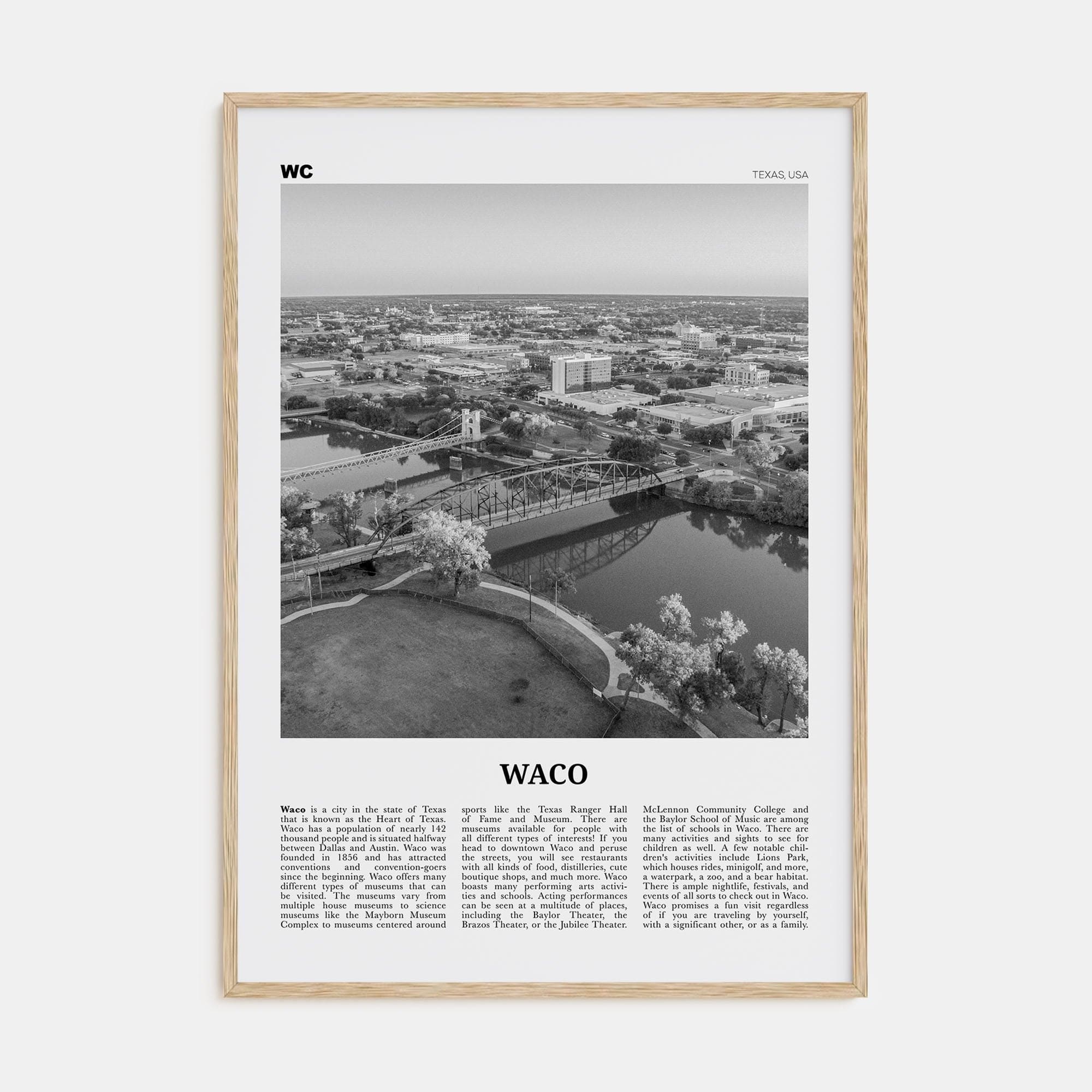 Waco Poster Natural Wood / 8x12 in Nbourhood Travel B&W Poster