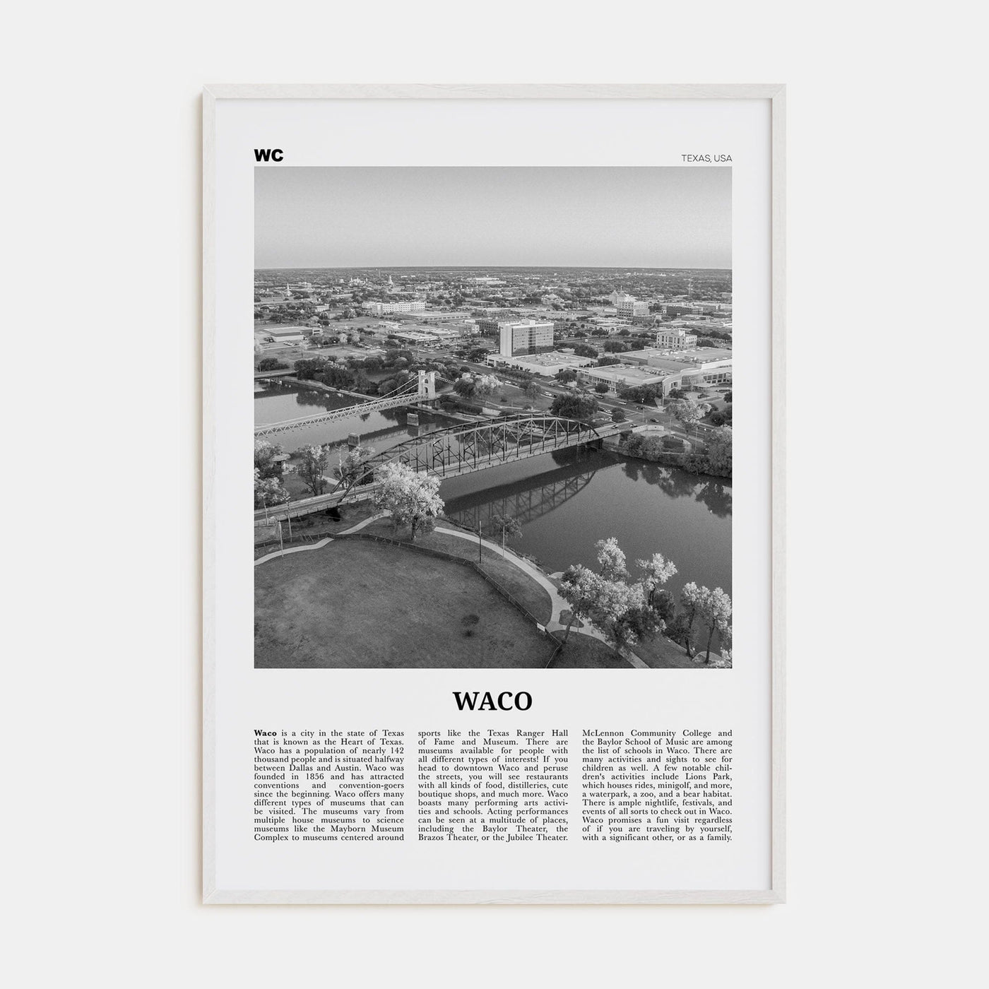 Waco Poster White Wood / 8x12 in Nbourhood Travel B&W Poster