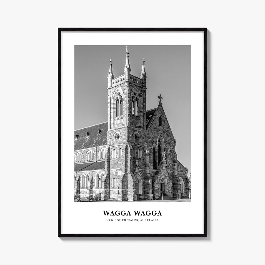 Wagga Wagga black & white classic poster of Australia – vertical wall art, unframed print shown in interior mockup