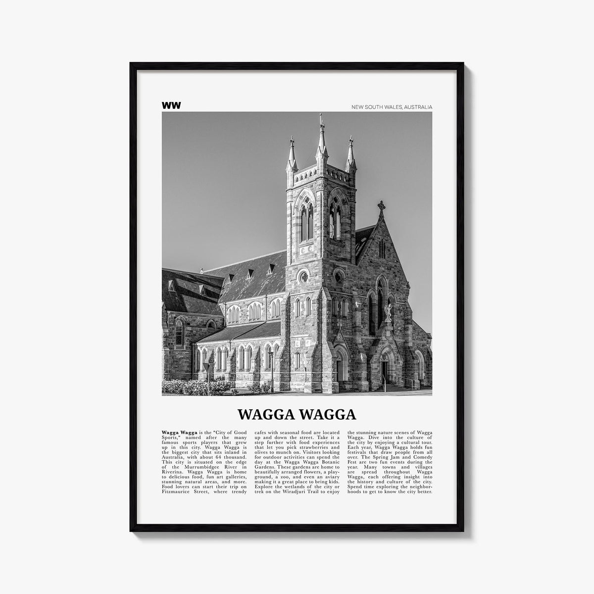 Wagga Wagga black & white newspaper poster of Australia – vertical wall art, unframed print shown in interior mockup