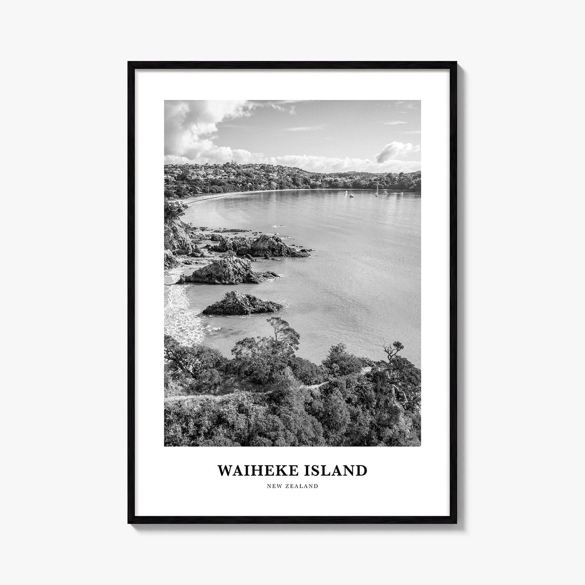 Waiheke Island black & white classic poster of New Zealand – vertical wall art, unframed print shown in interior mockup