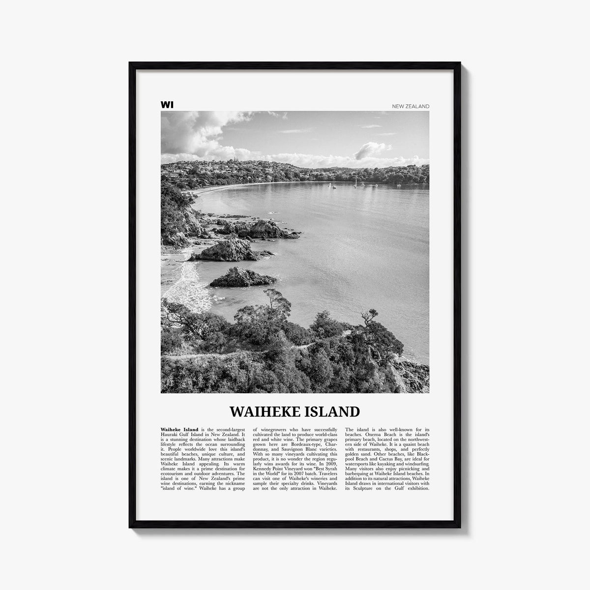 Waiheke Island black & white newspaper poster of New Zealand – vertical wall art, unframed print shown in interior mockup