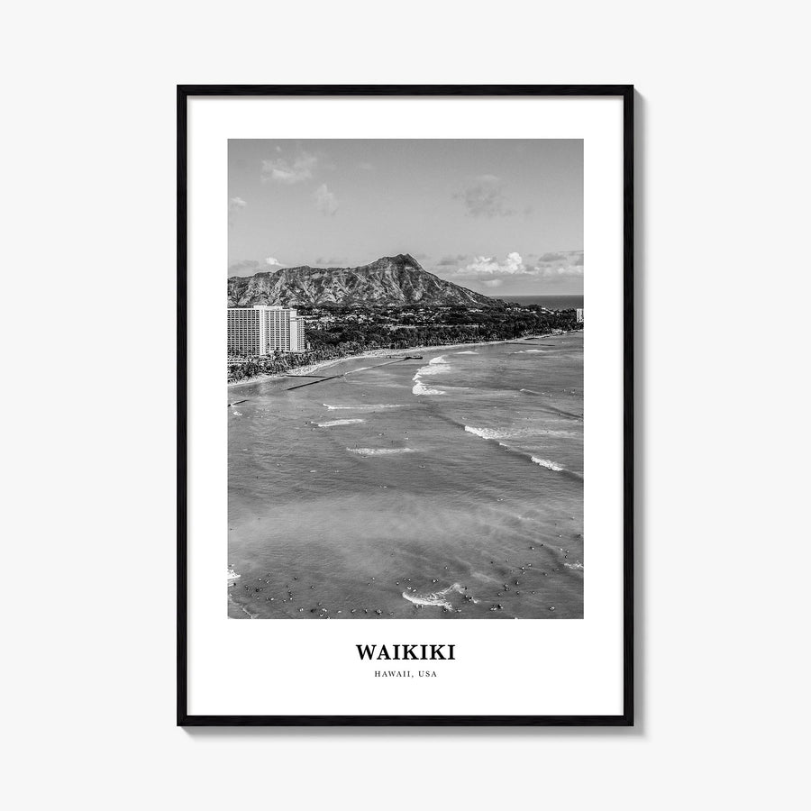 Waikiki black & white classic poster of Hawaii, USA – vertical wall art, unframed print shown in interior mockup