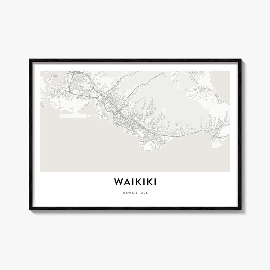 Waikiki black & white map poster of Hawaii, USA – horizontal wall art, unframed print shown in interior mockup