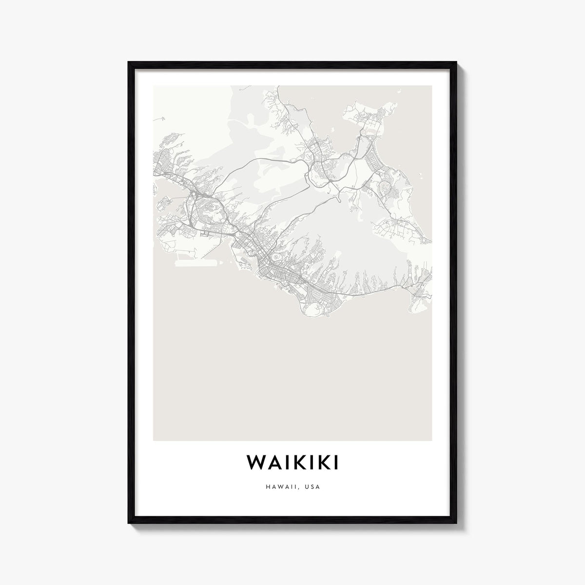 Waikiki black & white map poster of Hawaii, USA – vertical wall art, unframed print shown in interior mockup