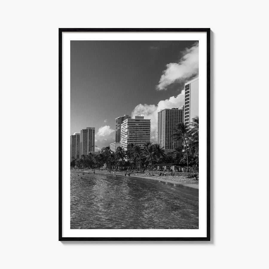 Waikiki black & white photo poster of Hawaii, USA – vertical wall art, unframed print shown in interior mockup