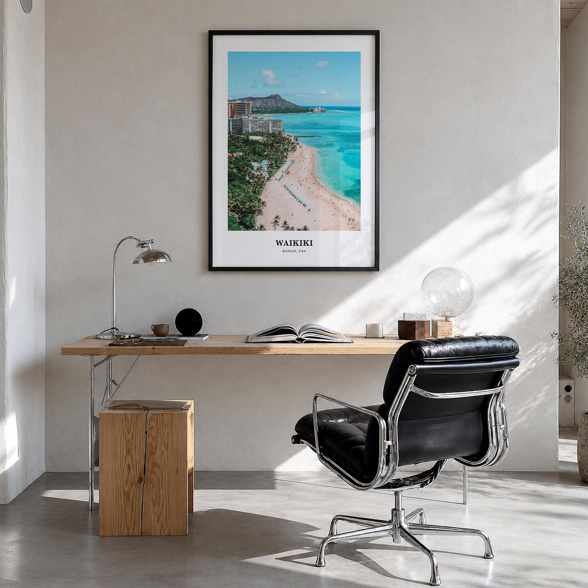 Waikiki colorful classic poster of Hawaii, USA – vertical wall art in black wood frame, hanging on wall