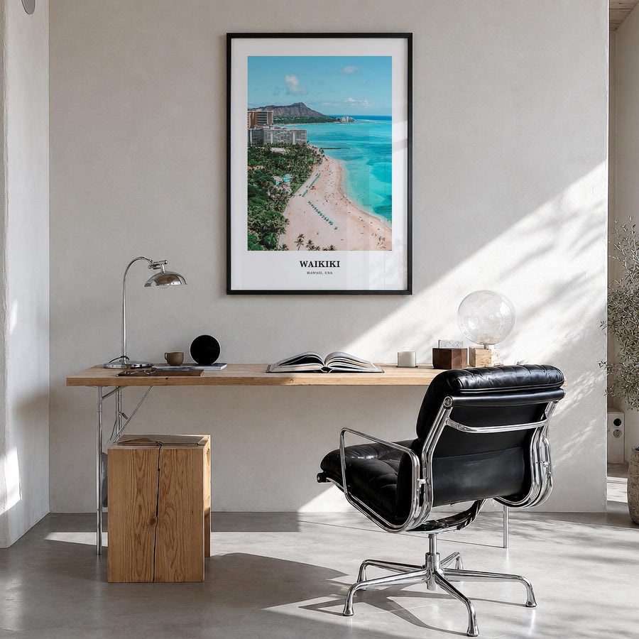 Waikiki colorful classic poster of Hawaii, USA – vertical wall art in black wood frame, hanging on wall