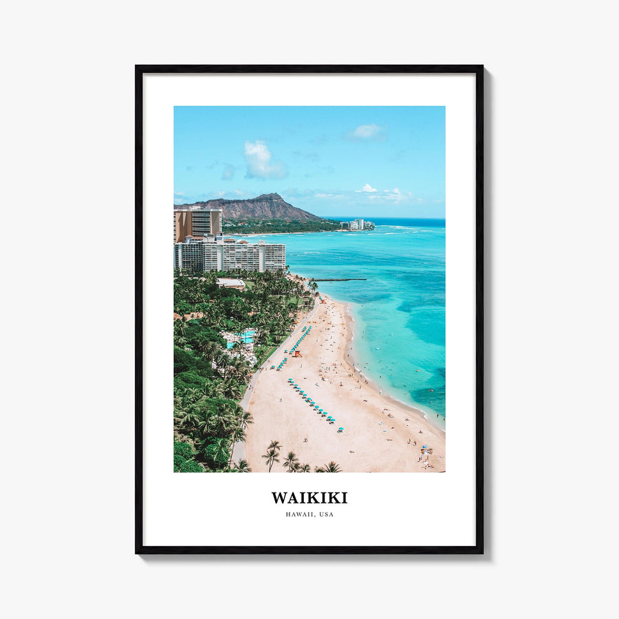 Waikiki colorful classic poster of Hawaii, USA – vertical wall art, unframed print shown in interior mockup