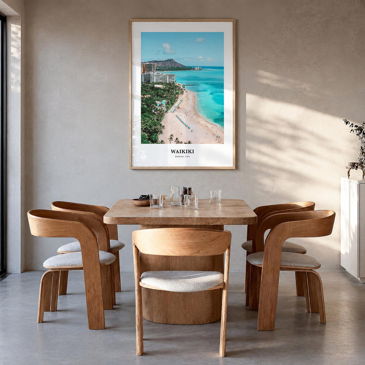 Waikiki colorful classic poster of Hawaii, USA – vertical wall art in natural wood frame, hanging on wall